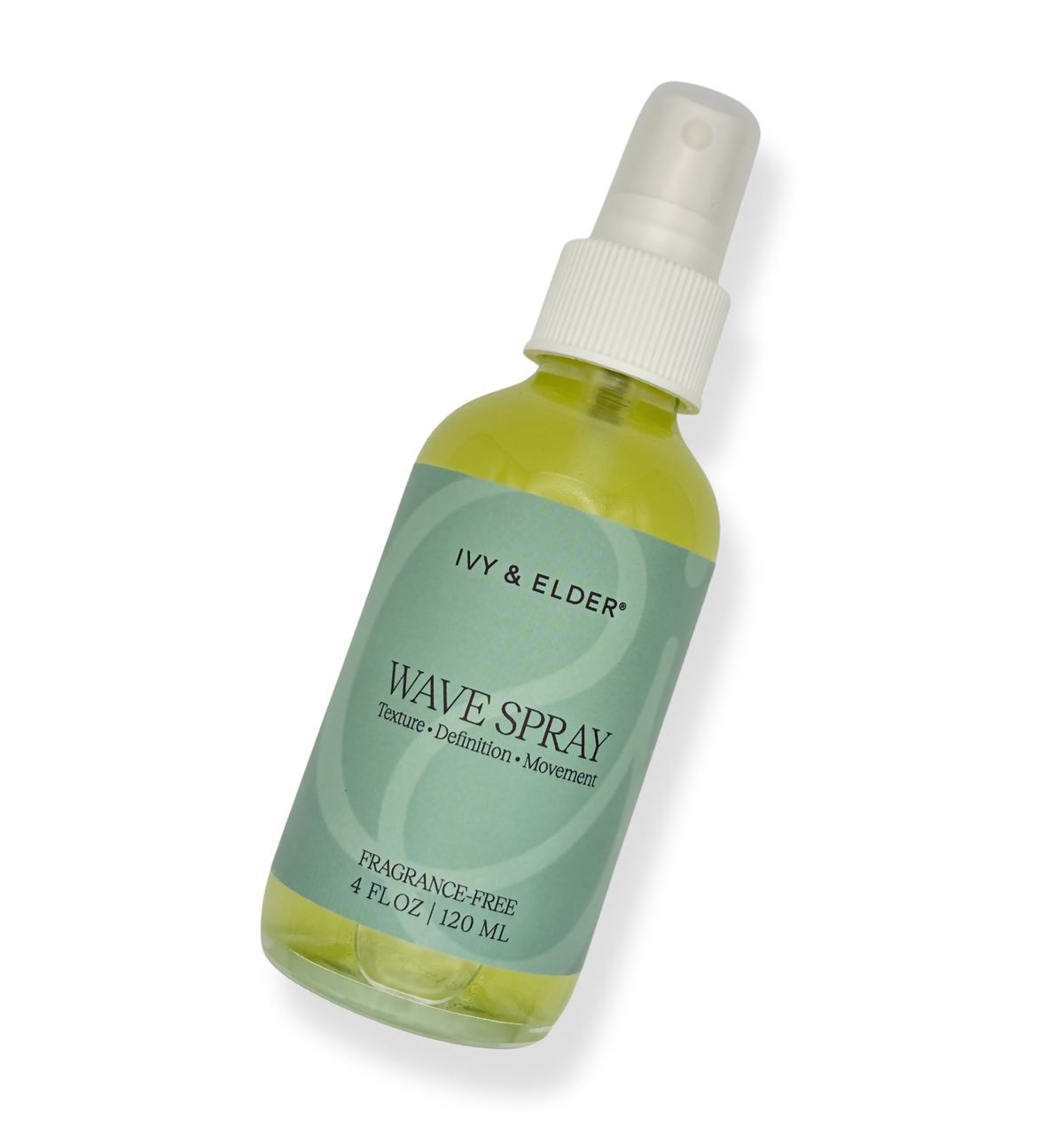 A 4 fl oz spray bottle of Ivy & Elder Wave Spray, featuring a pale green label and a white spray nozzle, shown on a plain white background.