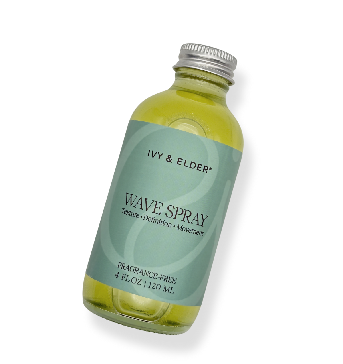 A 4 fl oz glass bottle of Ivy & Elder Wave Spray Refill with a light green label and silver cap, shown with a soft shadow.